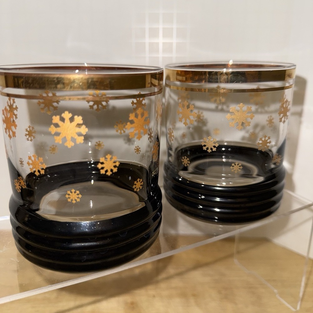 MCM Sakura Sango Sue Lipkin Black Ribbed Base Atomic Gold Snowflakes Glasses-2